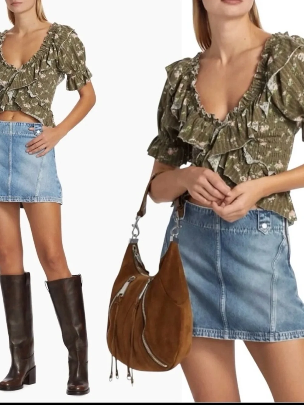 Free People Olive Floral Ruffle Smocked Crop Top